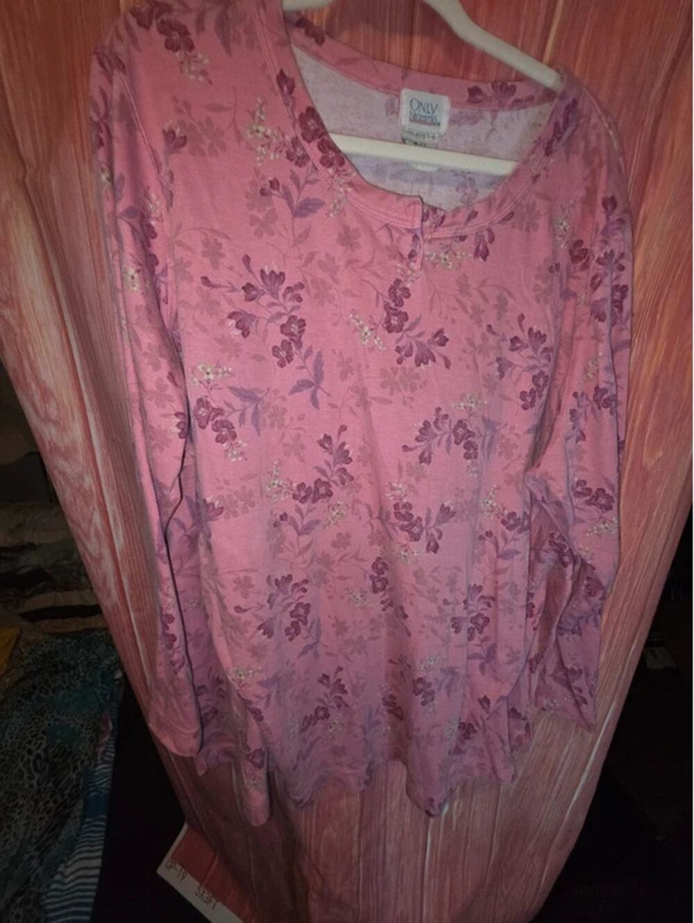 Only Necessities Vintage Pink Floral Long Sleeve Henley Pajama Top 2X Plus